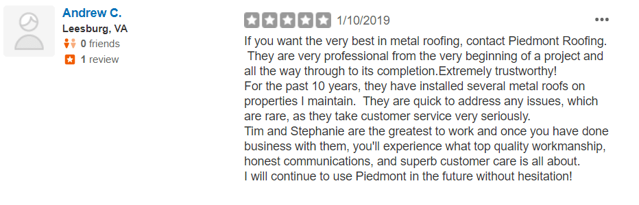 Yelp Review Andrew C. - Piedmont Roofing