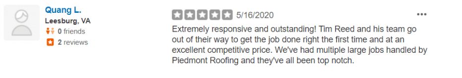 Quang L Review - Piedmont Roofing