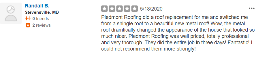 Randall B Yelp Review - Piedmont Roofing